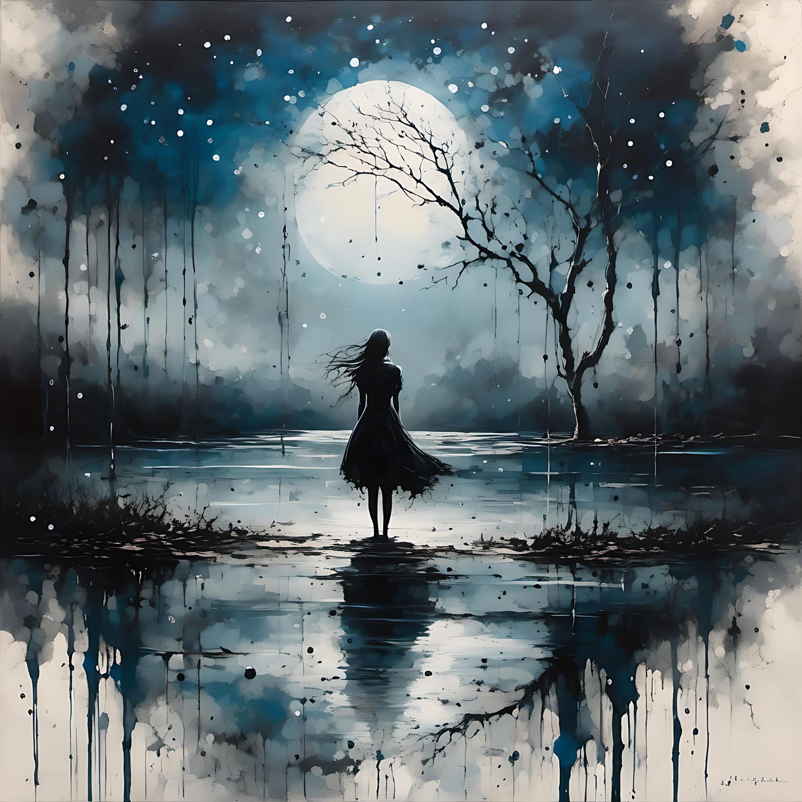 Lonely Girl on Lakeside Swing: Watercolor Painting