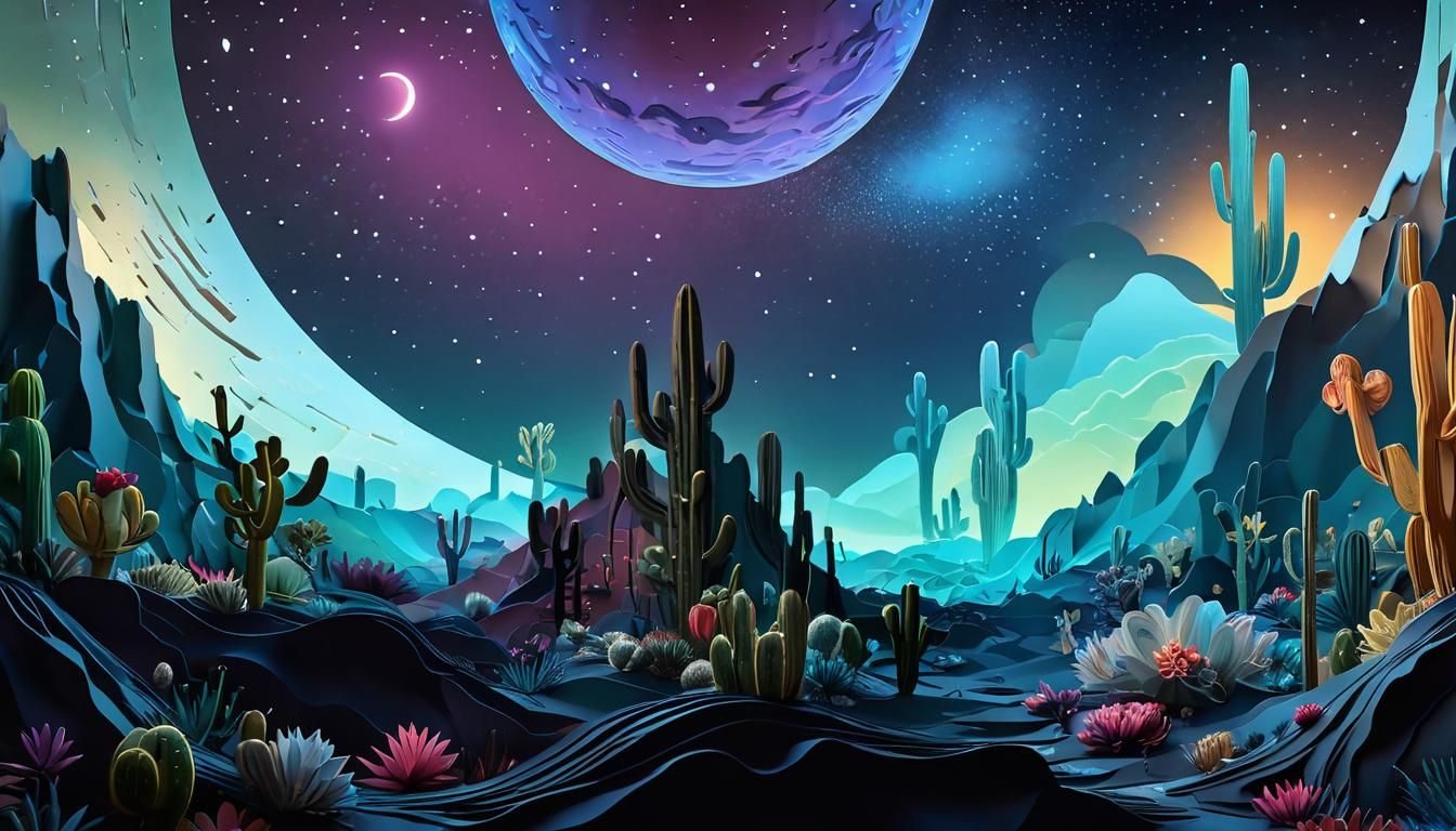 Moonlit Desert with Flowering Cacti in Digital Art