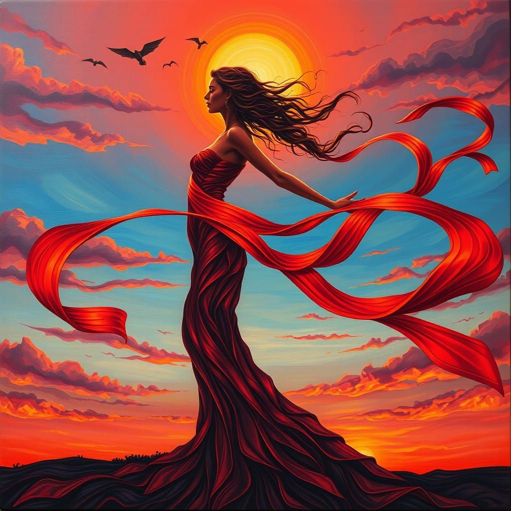 Ethereal Red Ribbon Forms Surreal Female Figure in Sunset Sk...