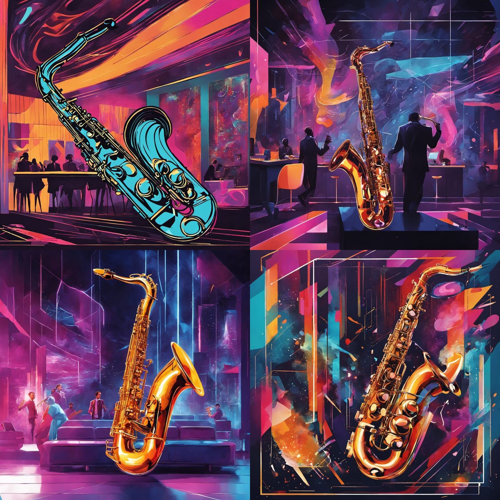 Futuristic Jazz Club Scene with Cyberpunk Saxophone