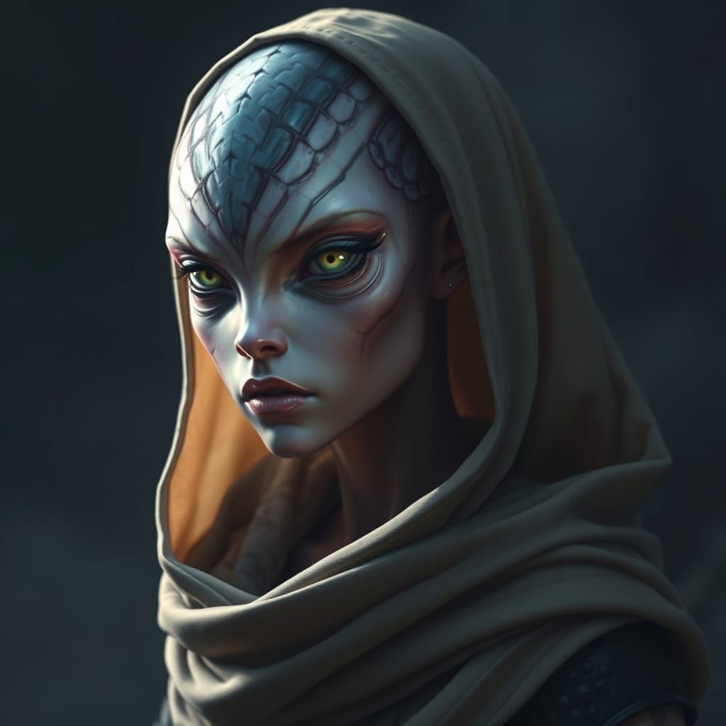 Iridescent Alien Woman Portrait in Atmospheric Style