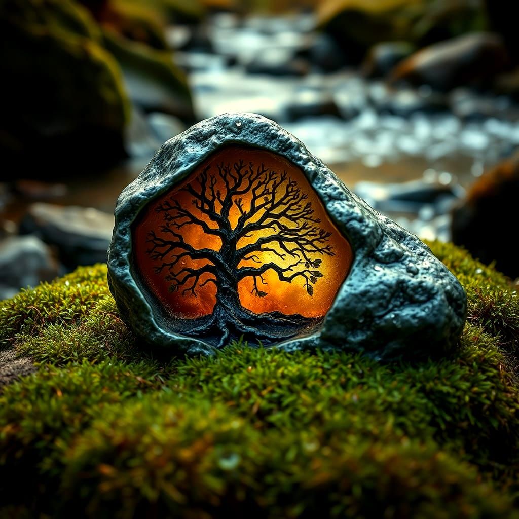 Scorodite Stone with Carved Tree on Moss