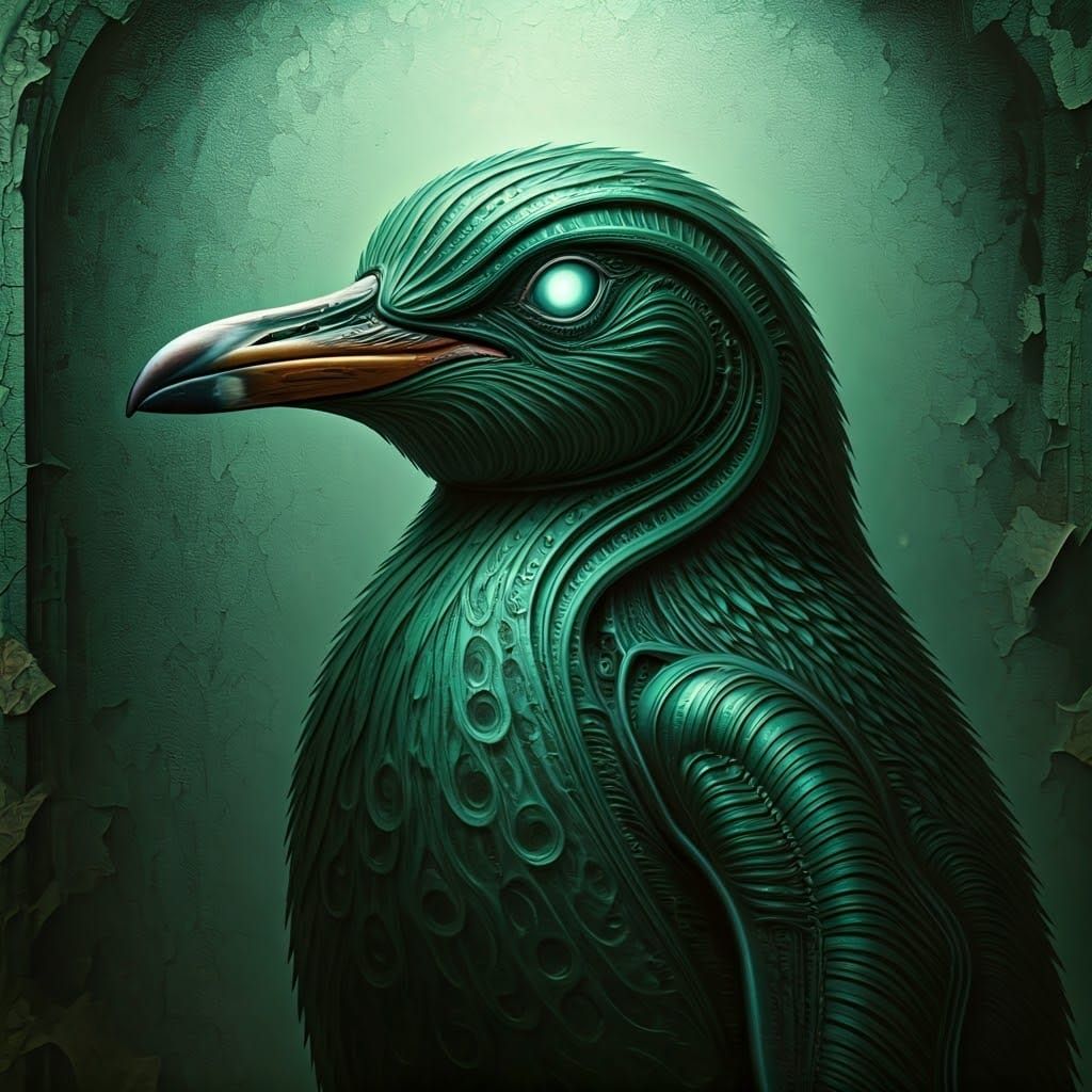 Emerald Penguin in Dreamlike, Biomechanical Landscape