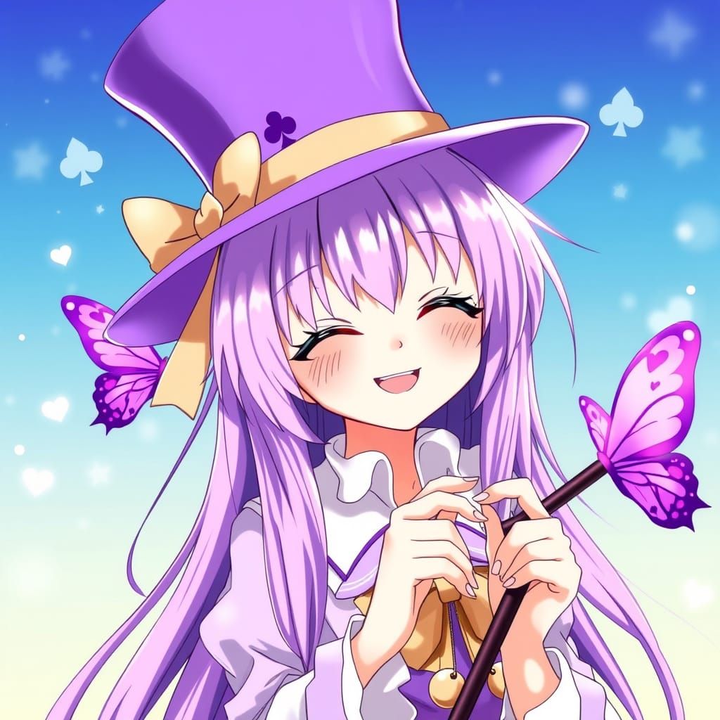 Whimsical Anime Girl Magician Enchanted by Mystical Butterfl...