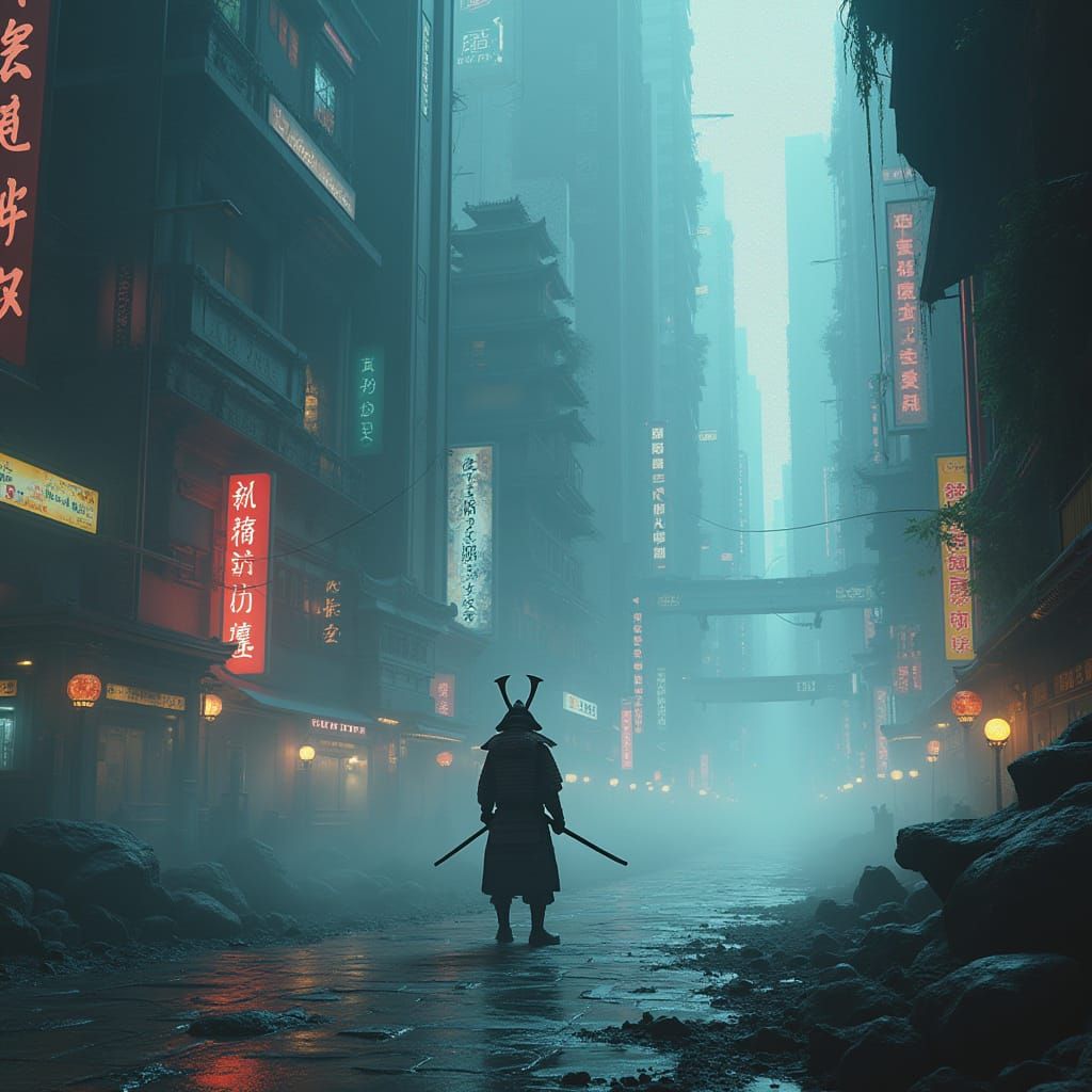 Samurai Guarding Temple in Cyberpunk Metropolis