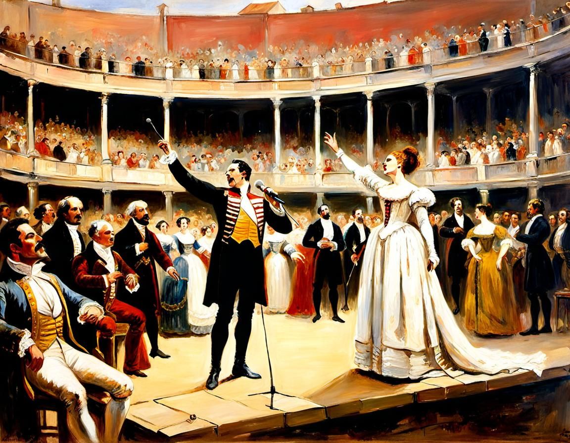 Opera Singers Duet in Stadium: Classical Painting