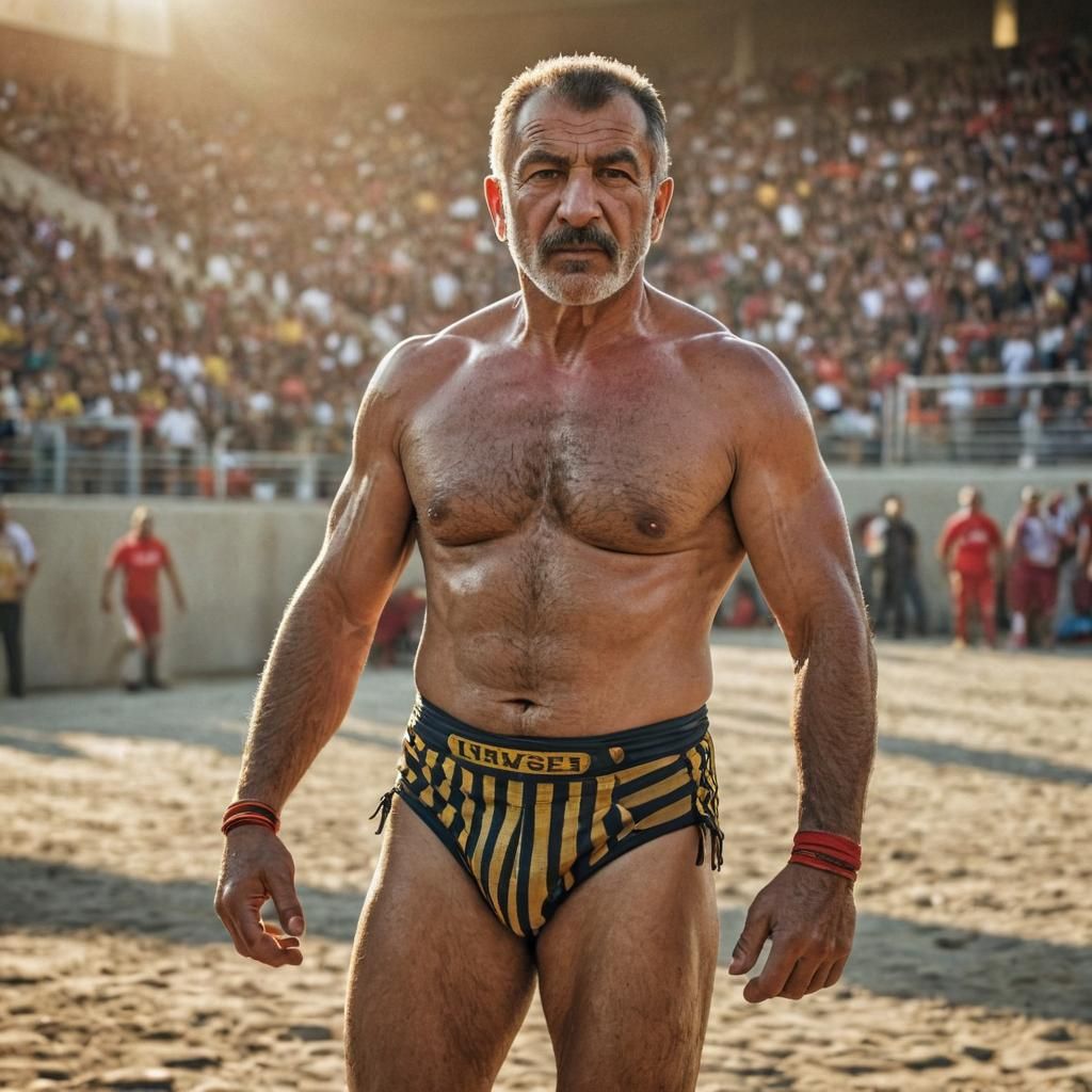 Powerful Turkish Wrestler in Stadium: Sports Photography