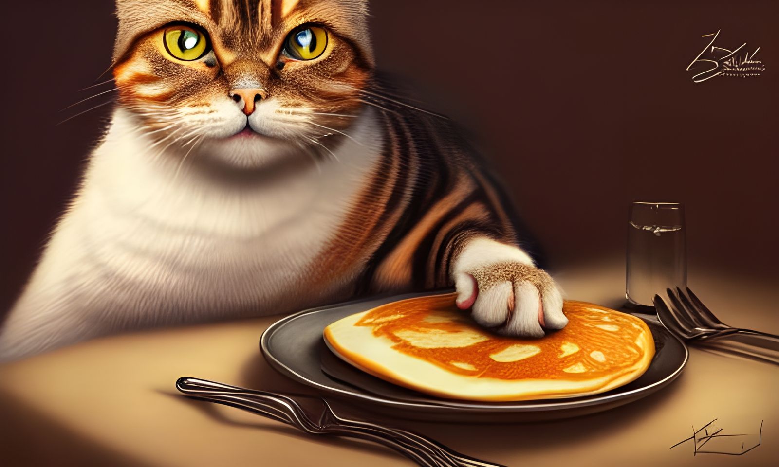 Fancy Cat Enjoys Pancakes: Digital Illustration