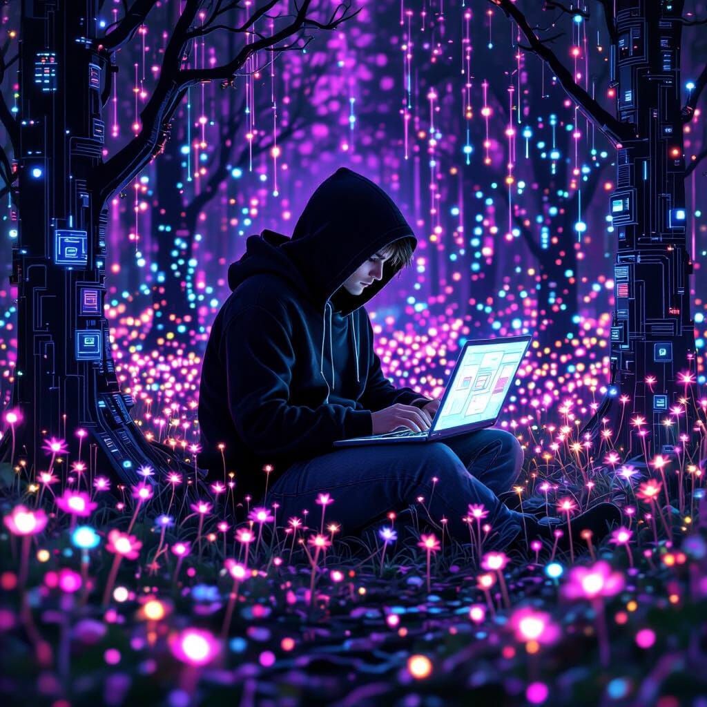 Hacker in a Cyberpunk Garden as Digital Impressionism