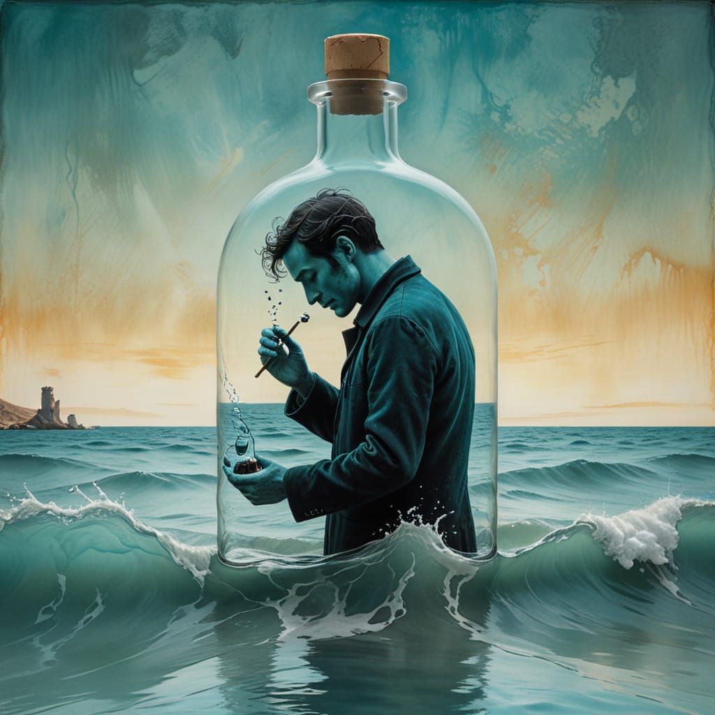 Surrealist Silhouette Trapped in Melting Bottle