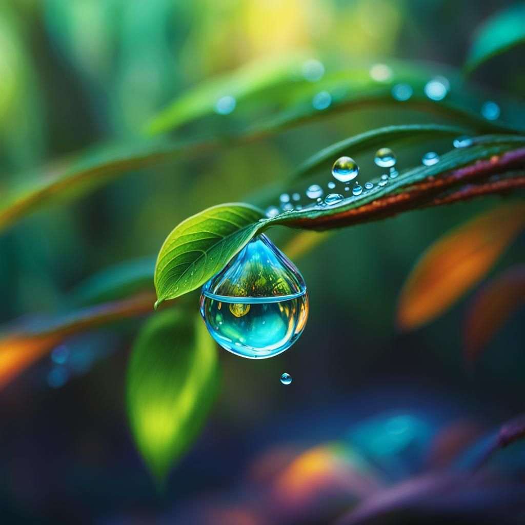 Macro Water Droplet Reflects Forest in Oil Painting