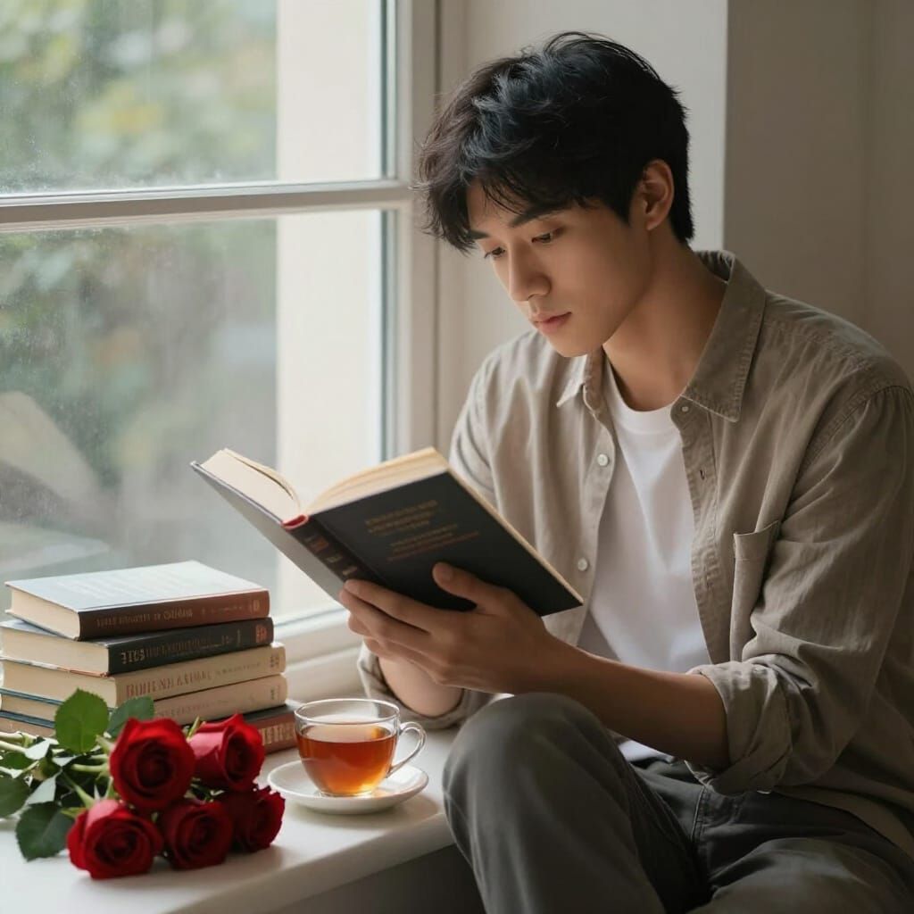 Handsome Man Reads by Window in Warm, Intimate Light