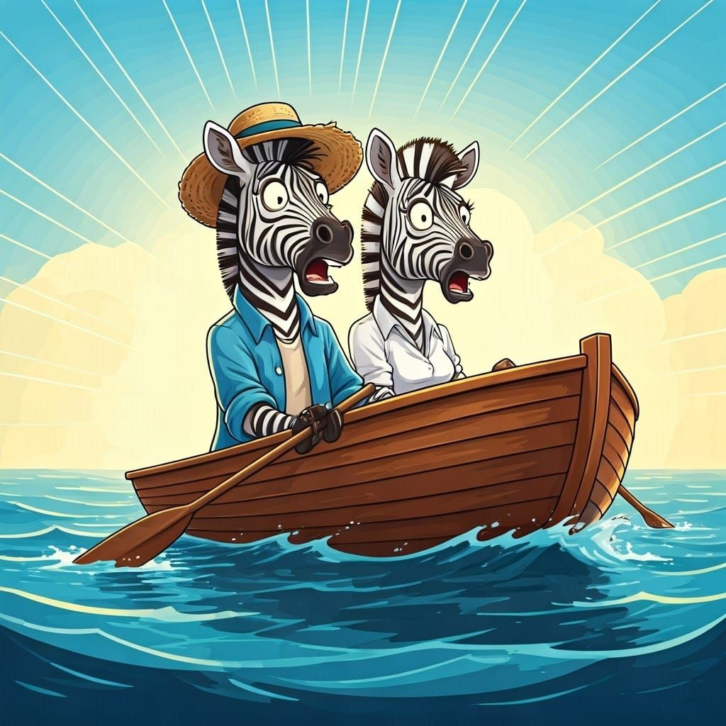 Cartoon Zebras in Rowboat Confront a Thrilling Surprise