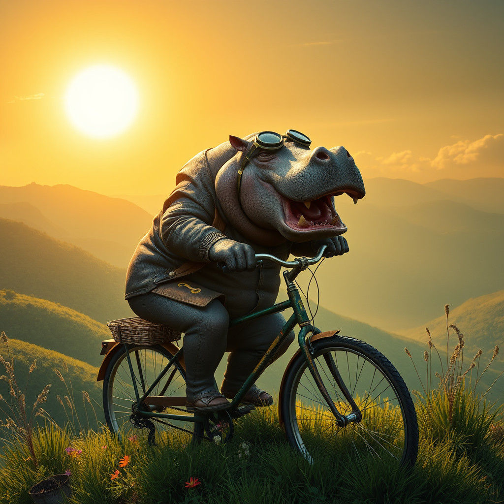 Hippo on Bicycle in Dreamlike Landscape