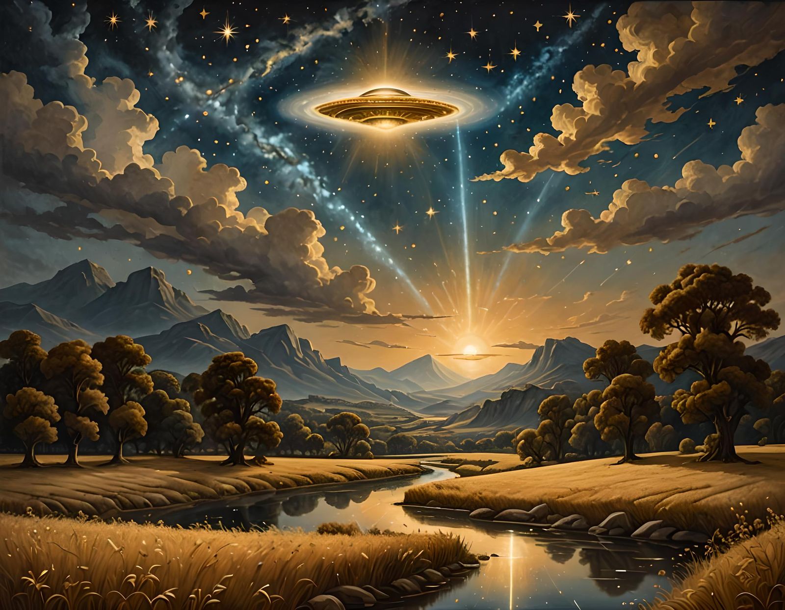 UFO Ascends in Neoclassical Celestial Oil Painting