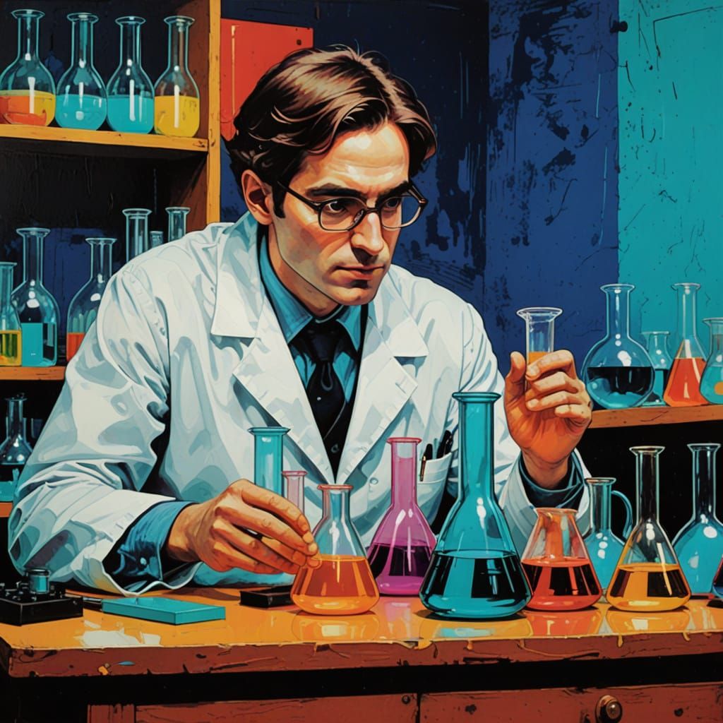 Vibrant Pop-Art Portrait of a Scientist in a Psychedelic Lab...