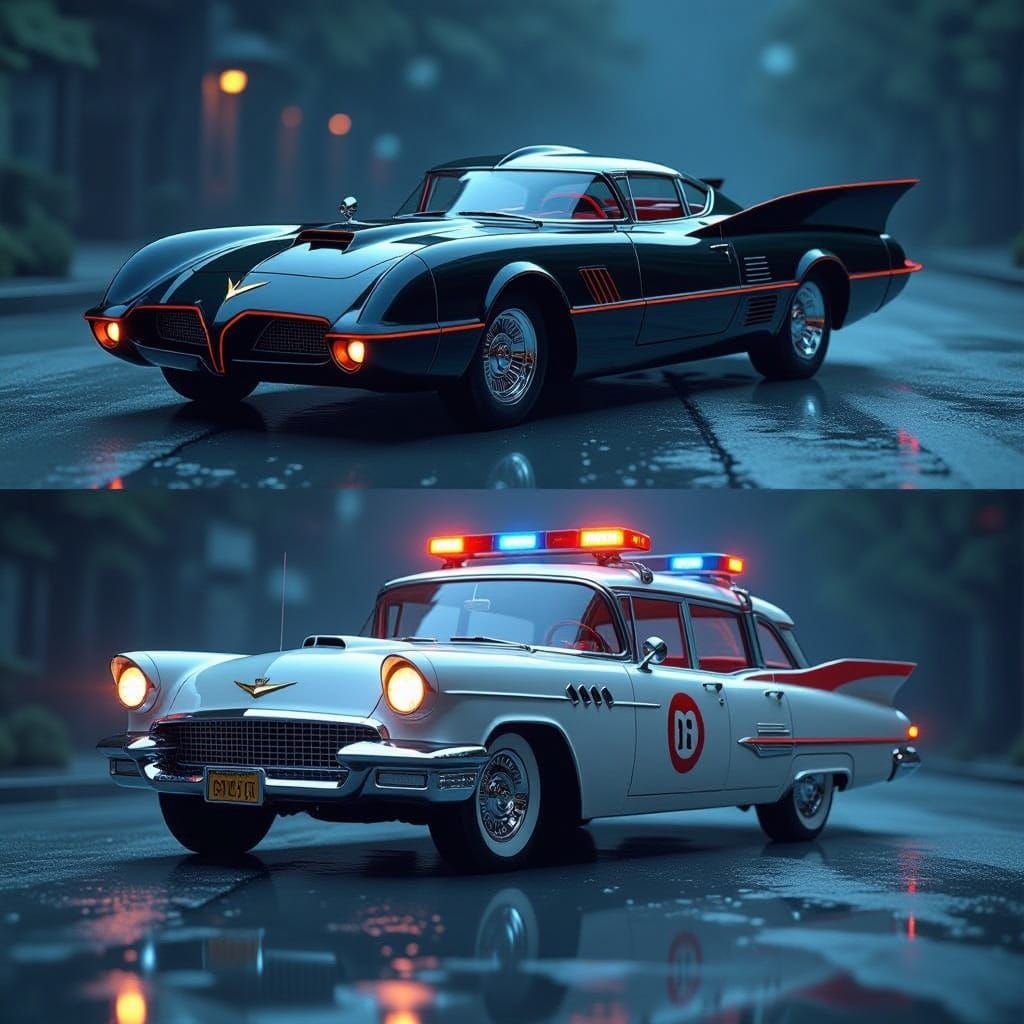 Batmobile and Ecto-1 Hyperrealistic Split Image