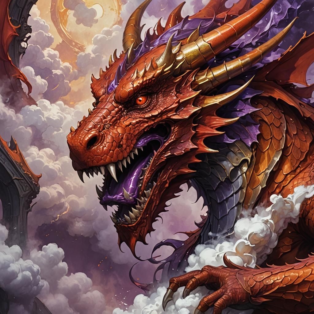 Rust-Red Dragon Emerges from Cloud: Dark Fantasy Art