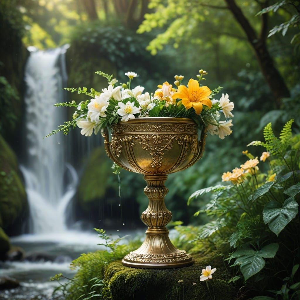 Golden Chalice Amidst Lush Forest with Vibrant Flowers and W...