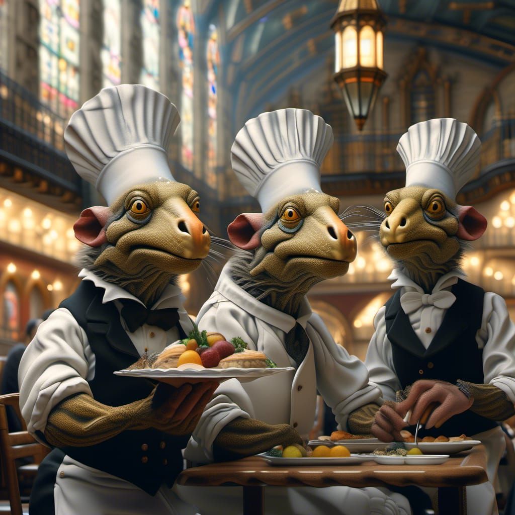 Hyperrealistic Waiter Serves Dinner in Dreamlike Style