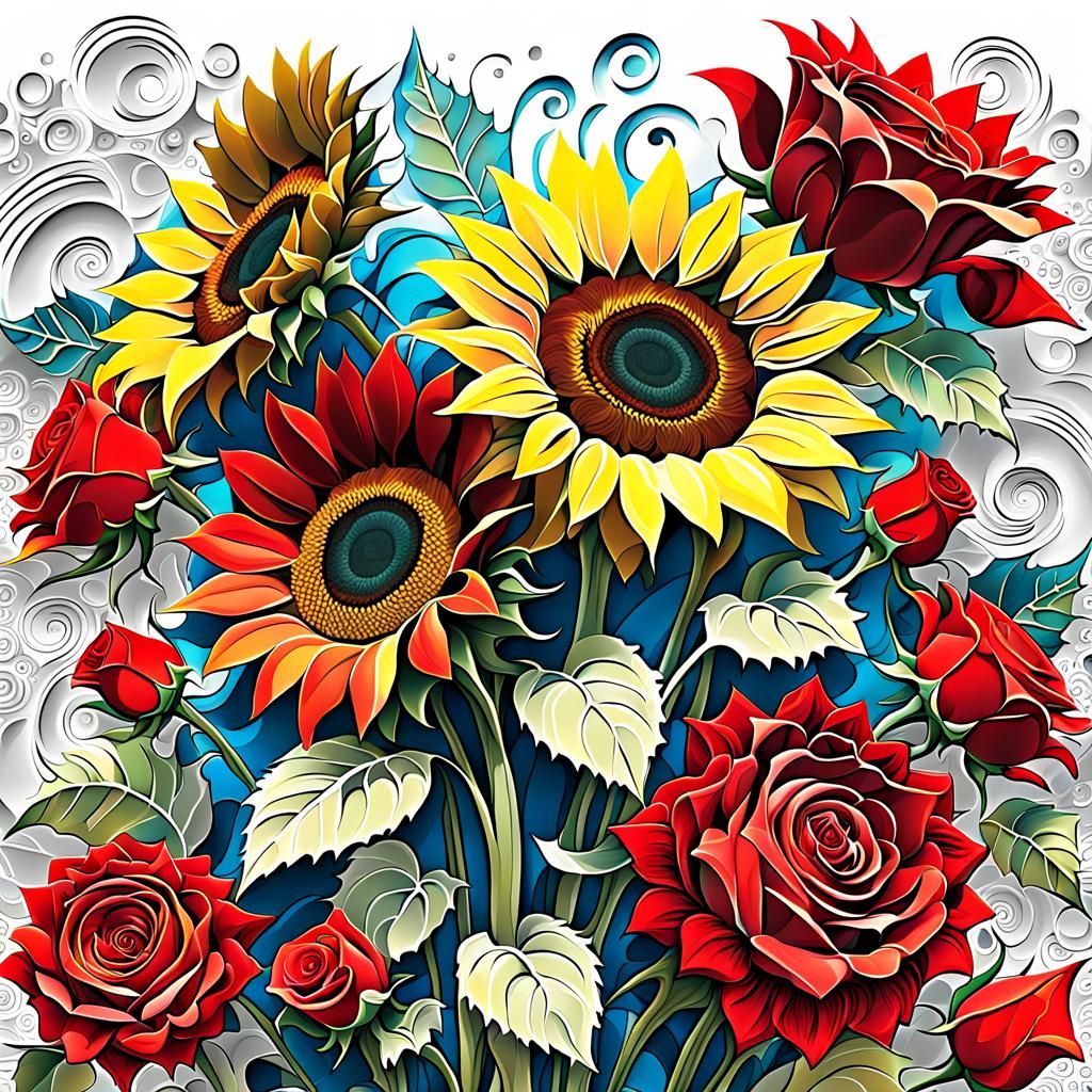 Abstract Fractal Bouquet of Sunflowers and Roses