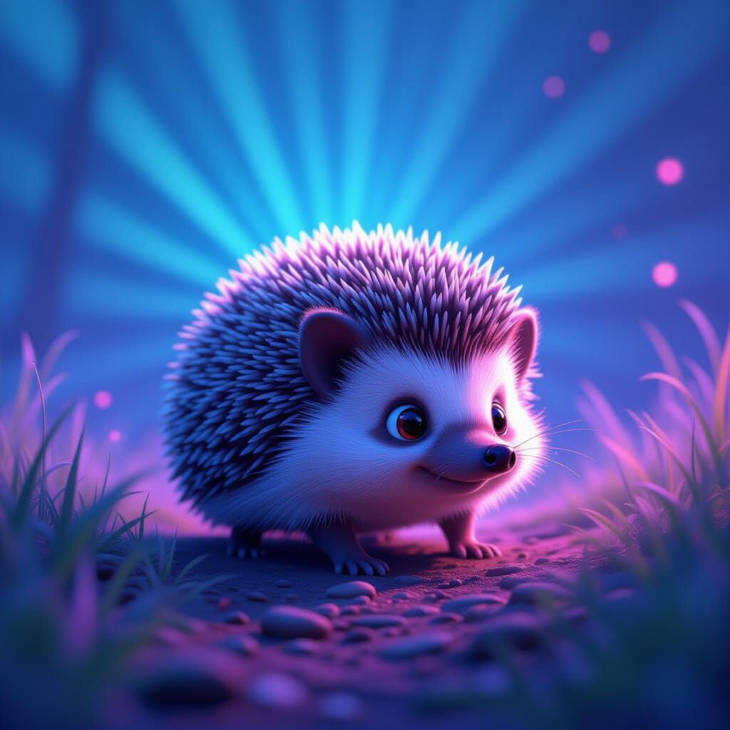 Pixar Style Hedgehog in Mystical Blue and Purple Fog