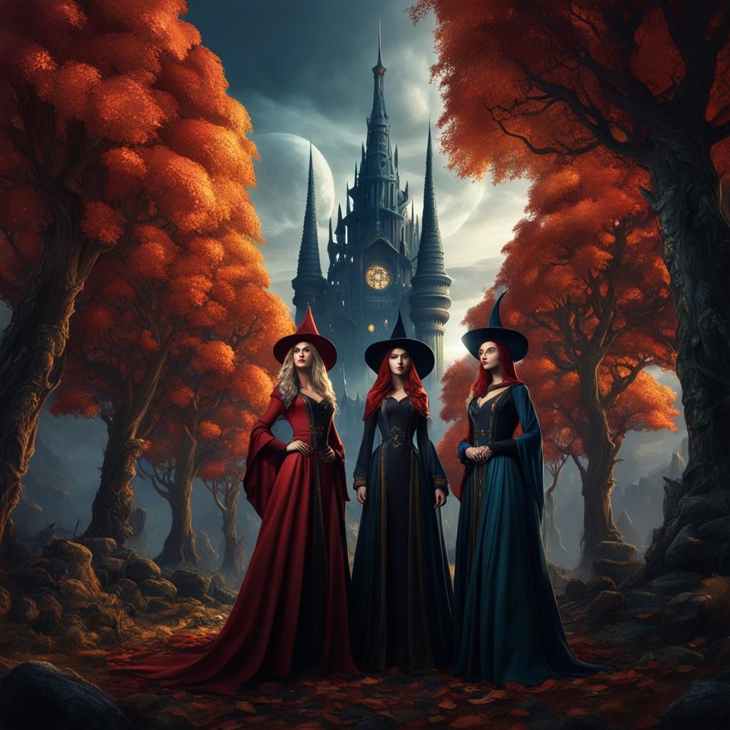 Fantasy Witches Before Tower: Detailed Matte Painting