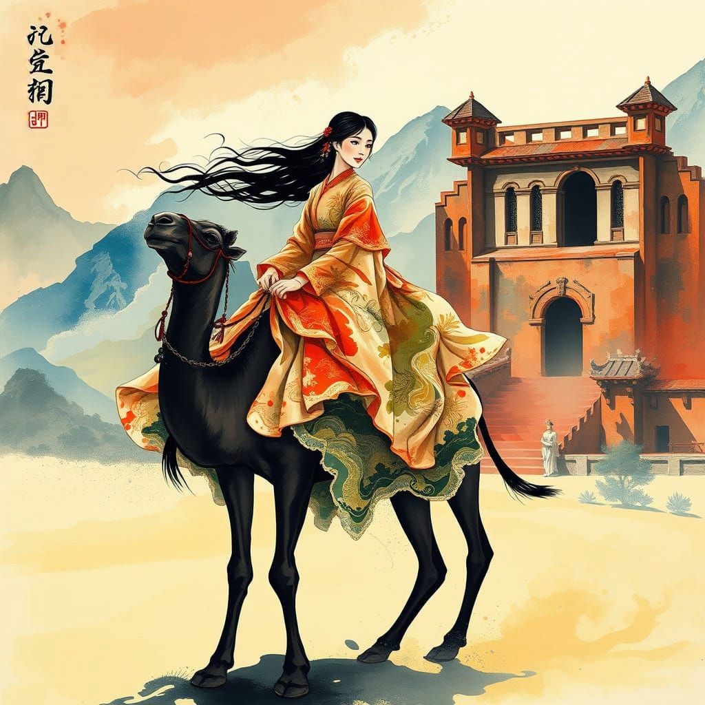 Lady Godiva Rides Camel through Gobi Desert in Vibrant Abstr...