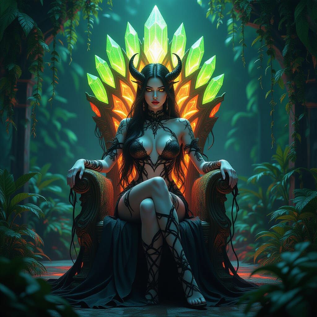Demon Queen on Crystal Throne in Dark Fantasy Style