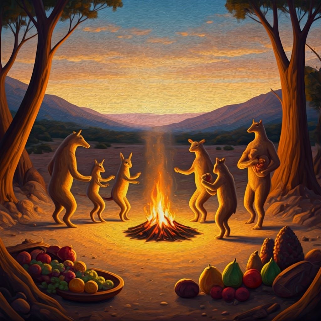 Sand Animals' Bonfire Feast in Tonalist Style