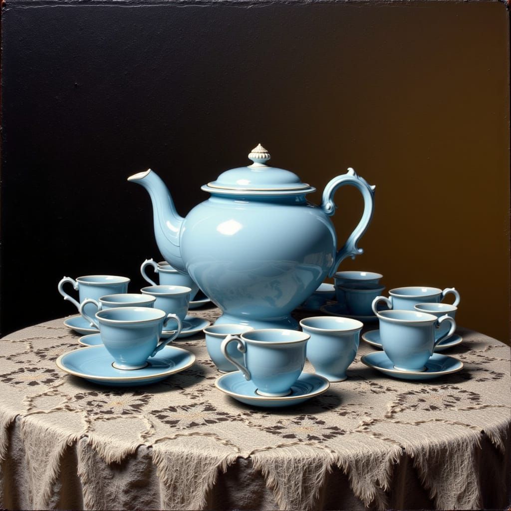 Azure Teapot and Cups on Lace Table