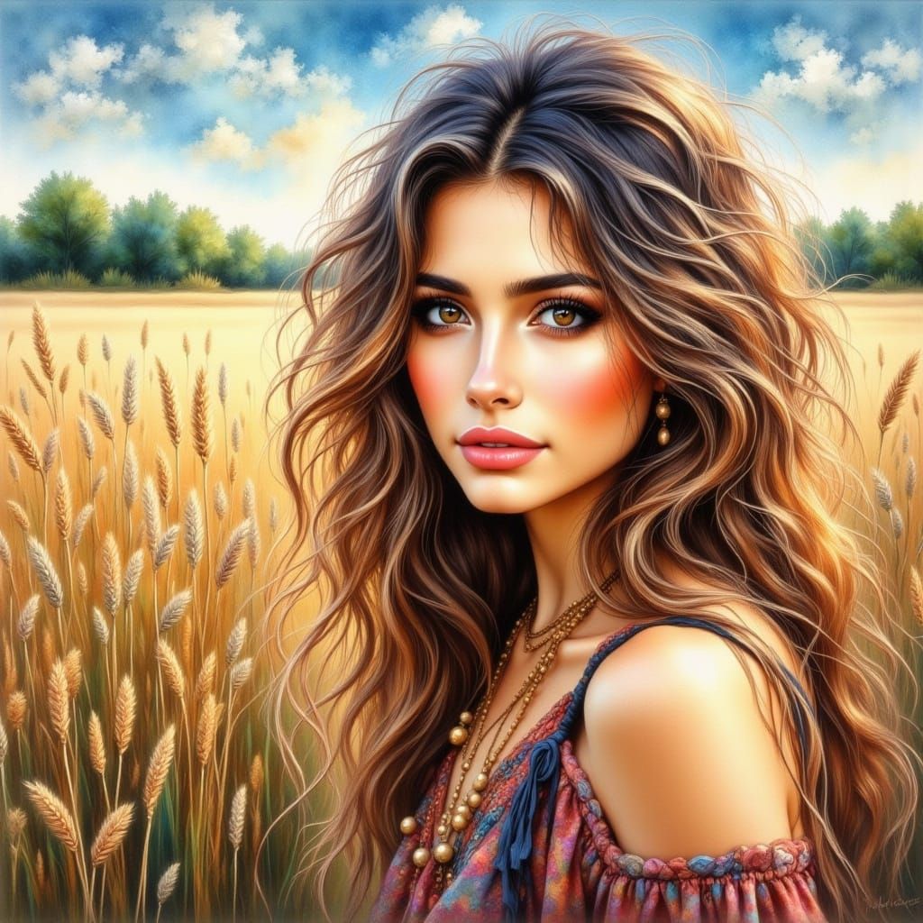 Woman in Grain Field: Watercolor and Acrylic Portrait