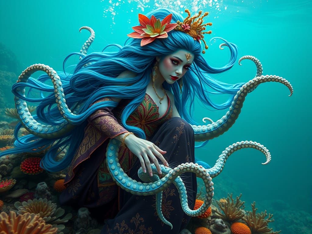 Kraken Geisha with Tentacles Underwater