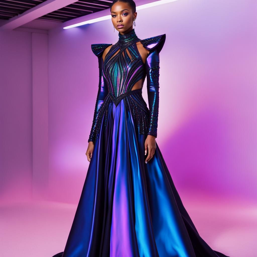 Cosmic black met gala dress with purple holographic accents& blue holographic accents& cosmic vibes& magical vibes& eth...