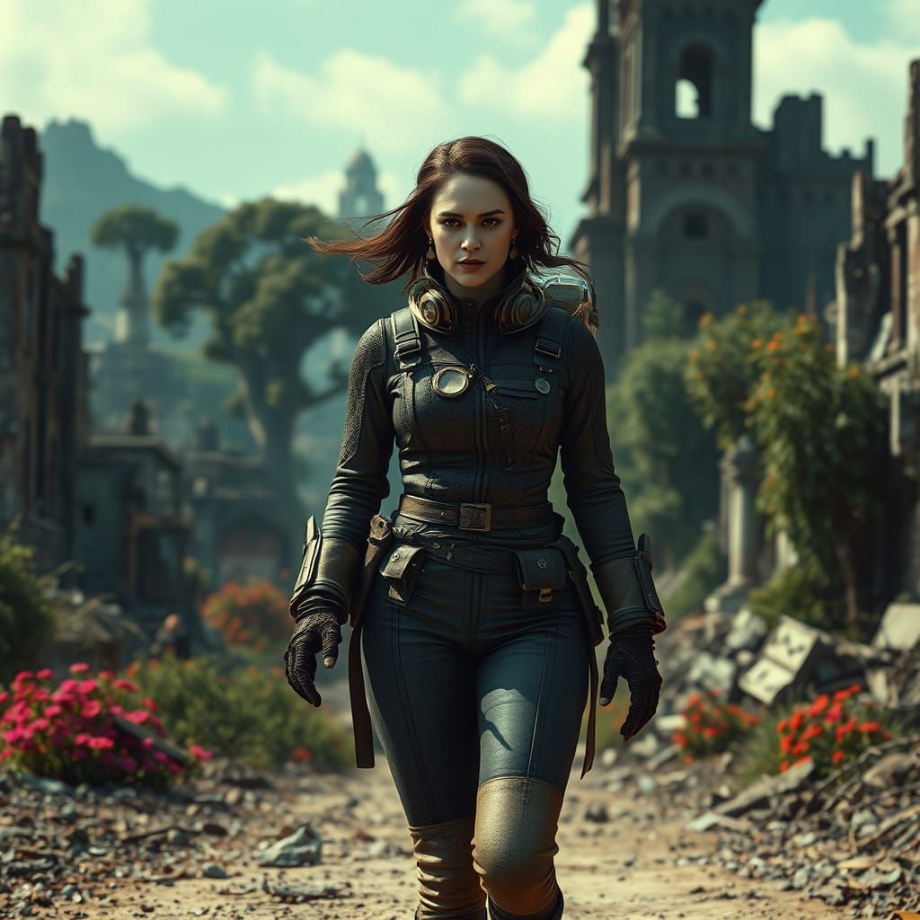 Surrealist Diving Suit Maiden Walks Through Ruined City