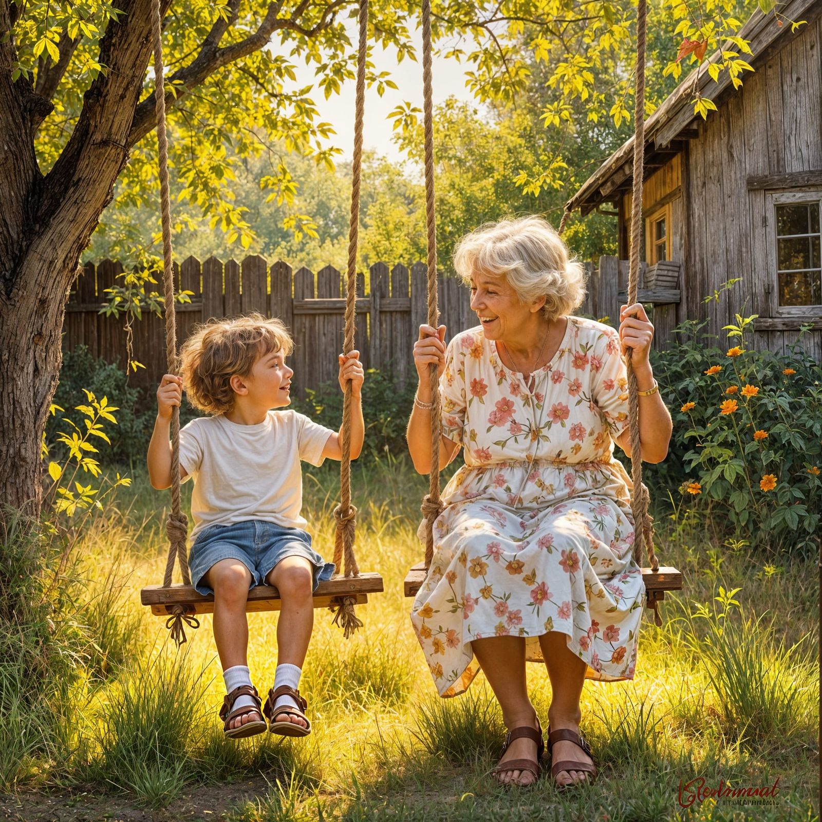 Joyful Generations: Child and Great-Grandmother on Swings