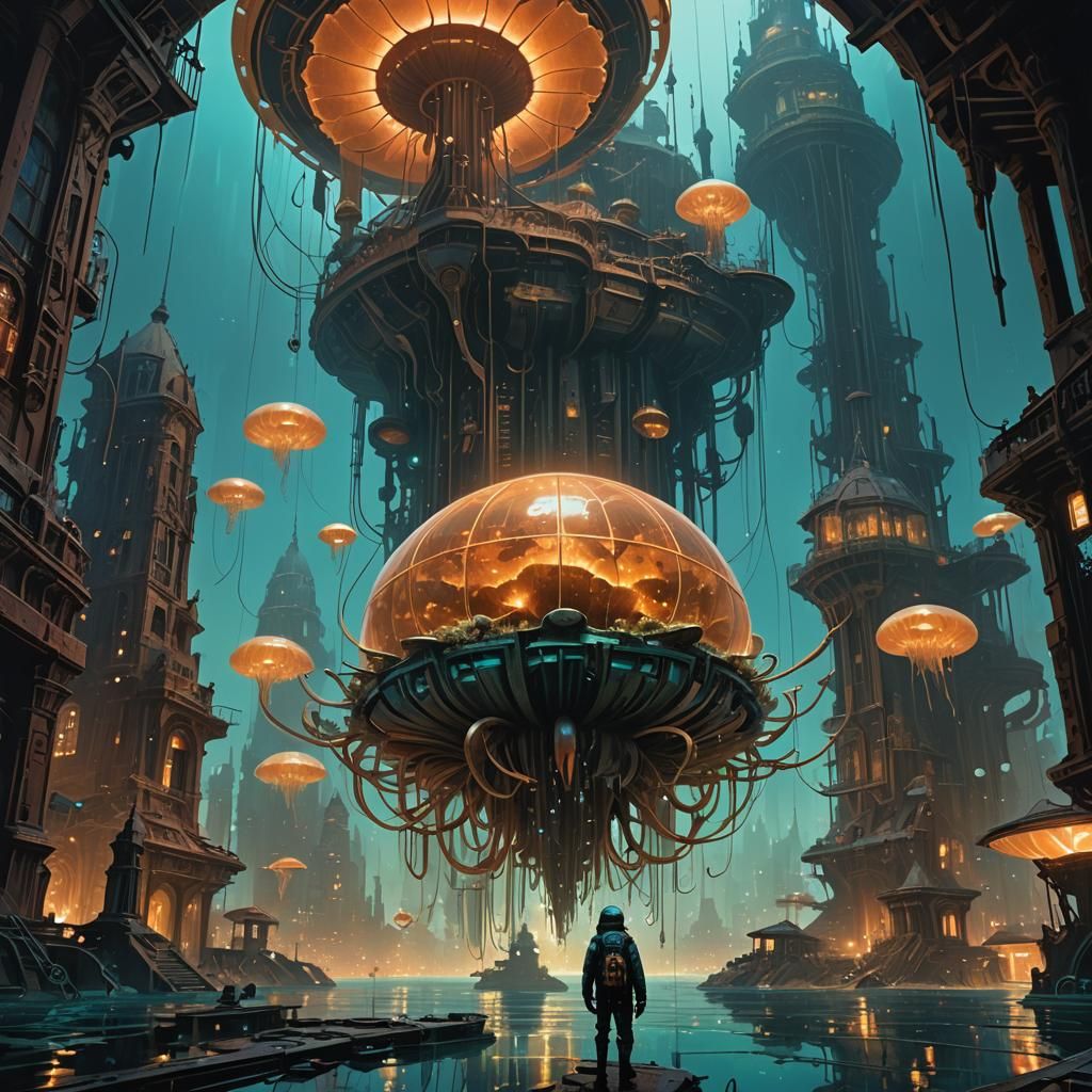 Retrofuturistic Underwater City in Maximalist Style