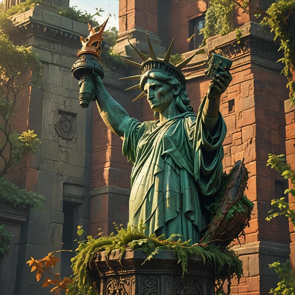 Statue of Liberty with Rusted Crown in Dystopian Style