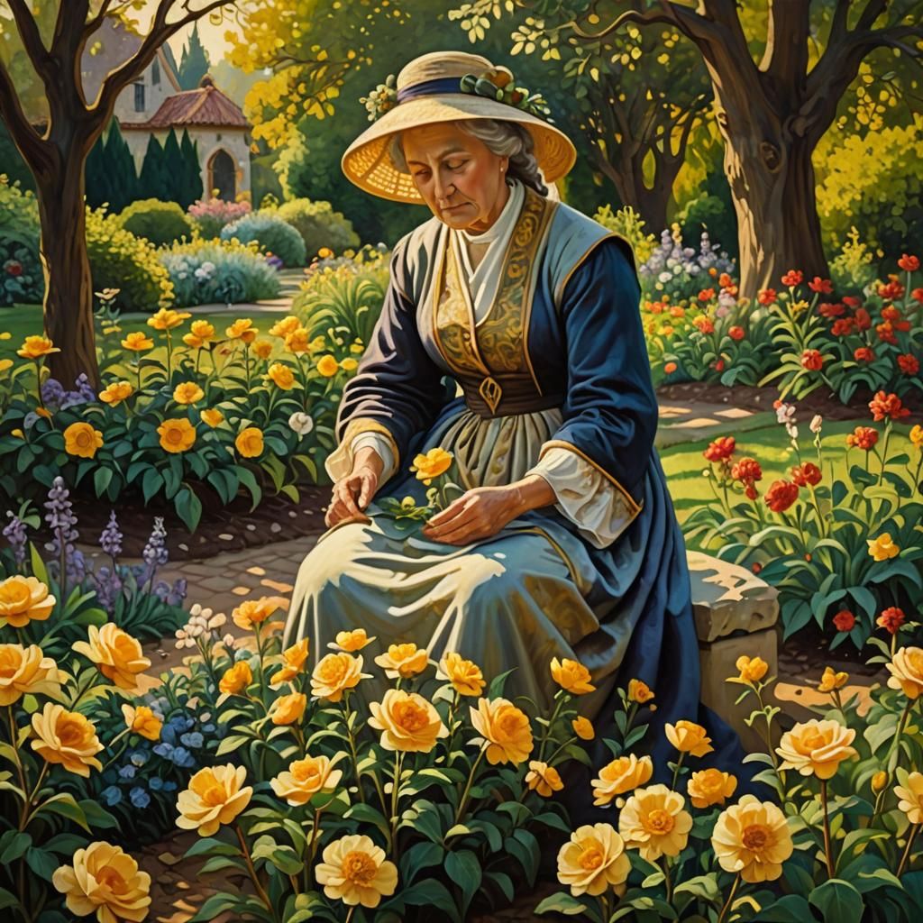 Renaissance Garden Scene with Impasto Oil Painting Effect