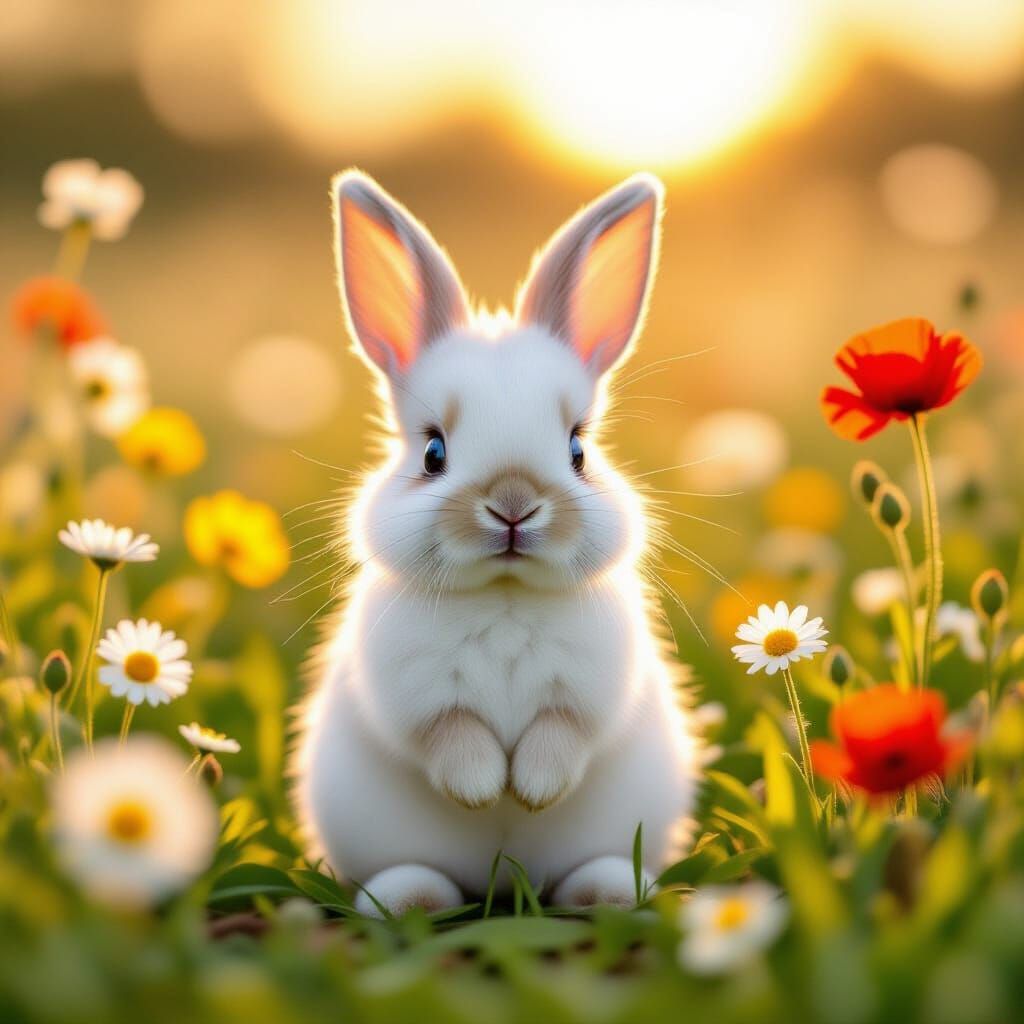 Adorable Fluffy Rabbit in Sunny Flower Field