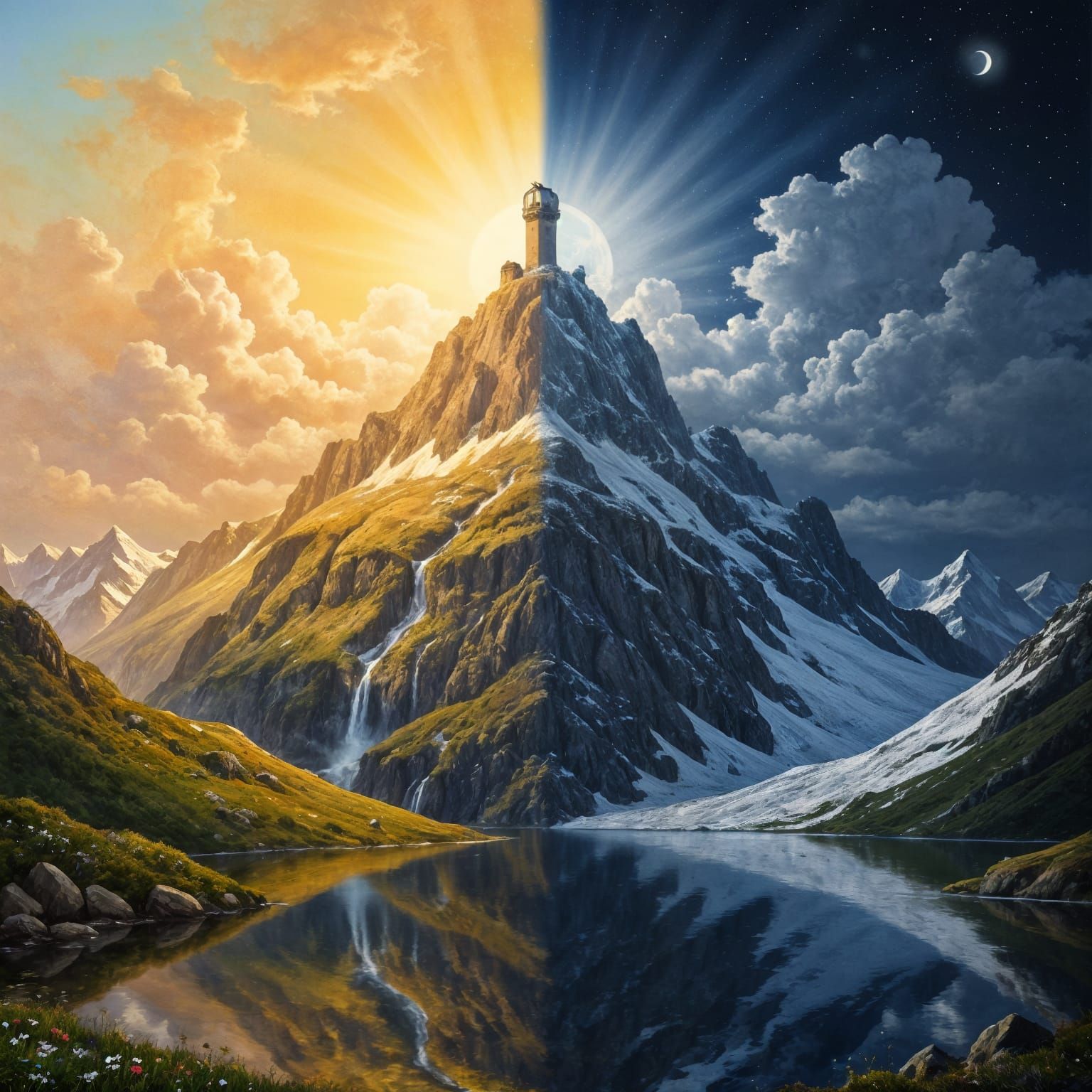 Romantic Mountain Peak: Day Meets Night