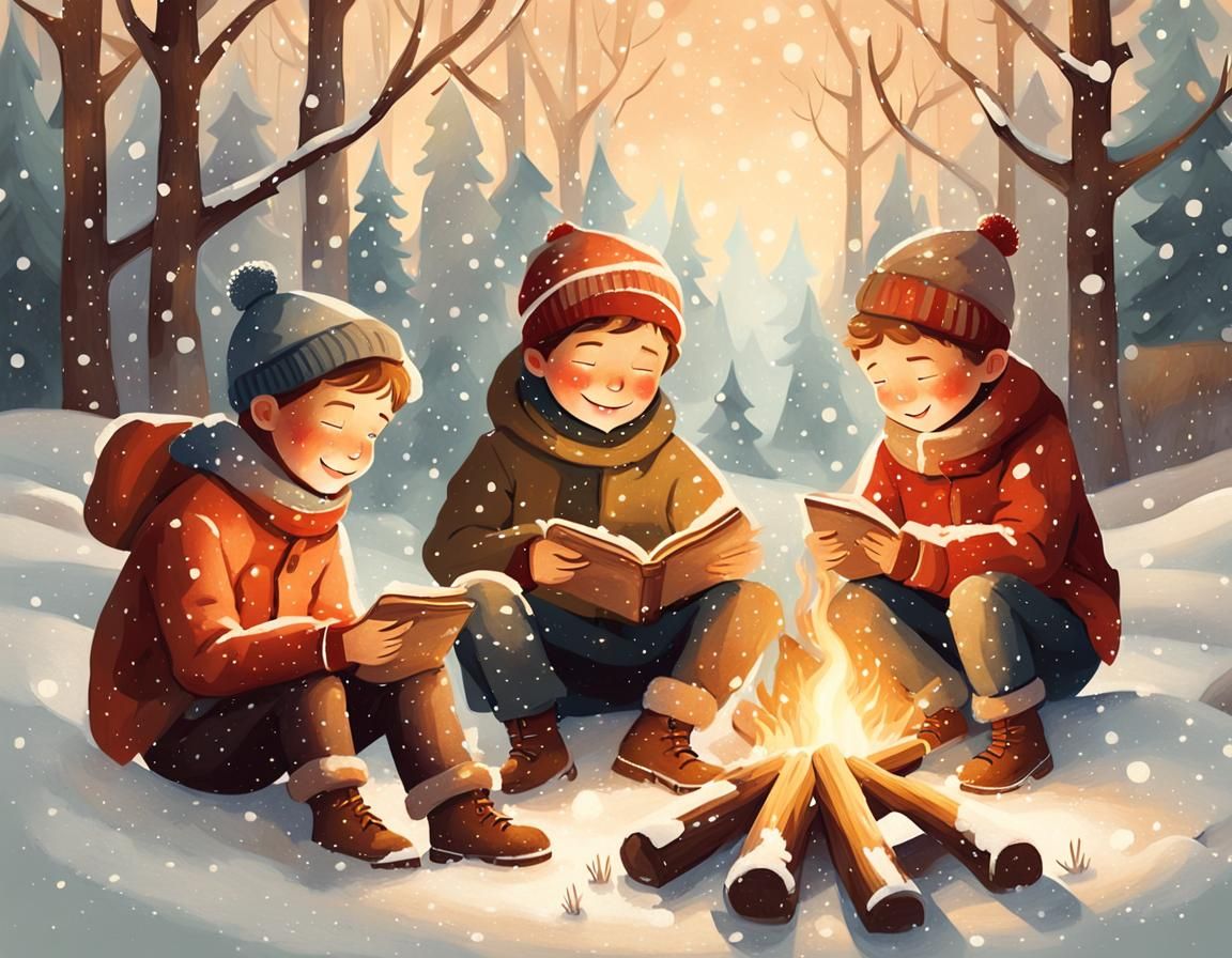 Whimsical Winter Campfire: A Folk Art Illustration
