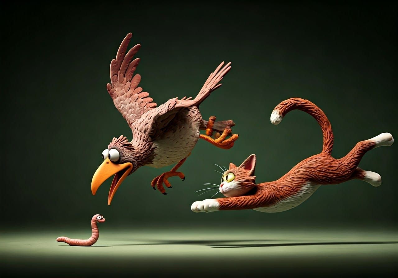 Stylized Bird and Cat Chase Scene in Claymation Style