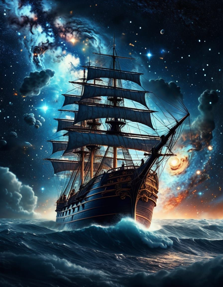 Sailing Ship Navigating a Sea of Galaxies