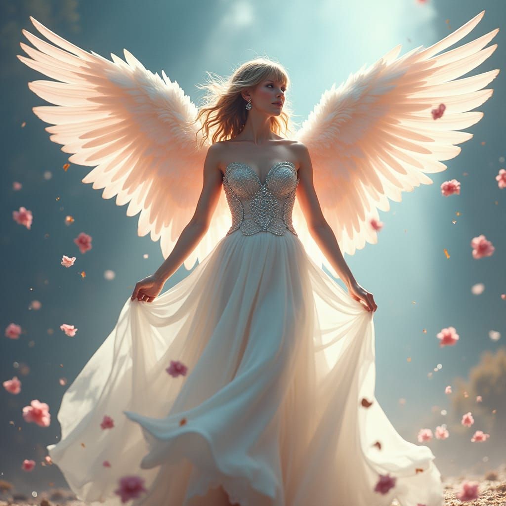 Angelic Woman in Ethereal Gown with Wings