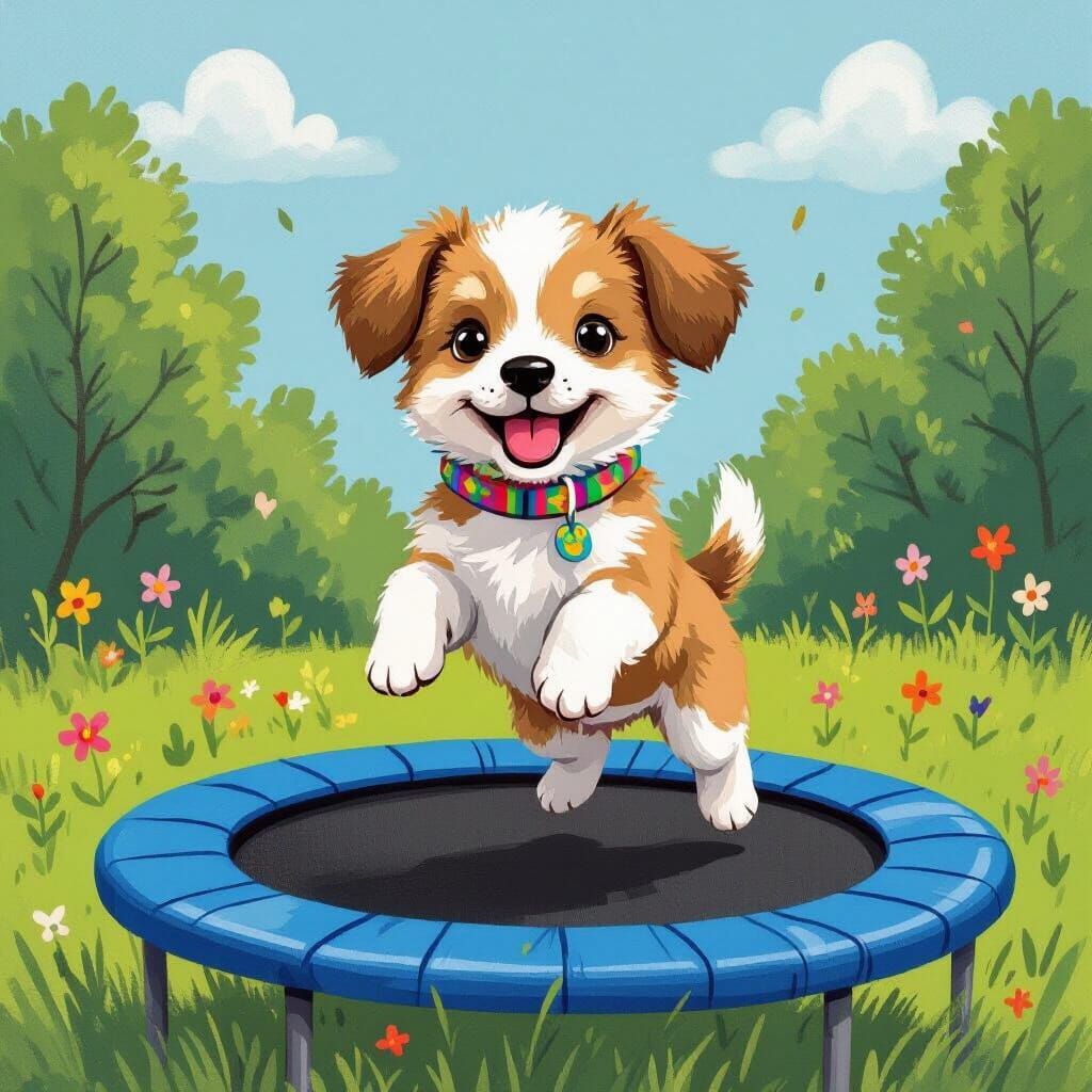 Adorable Puppy Jumps on Trampoline in Whimsical Style