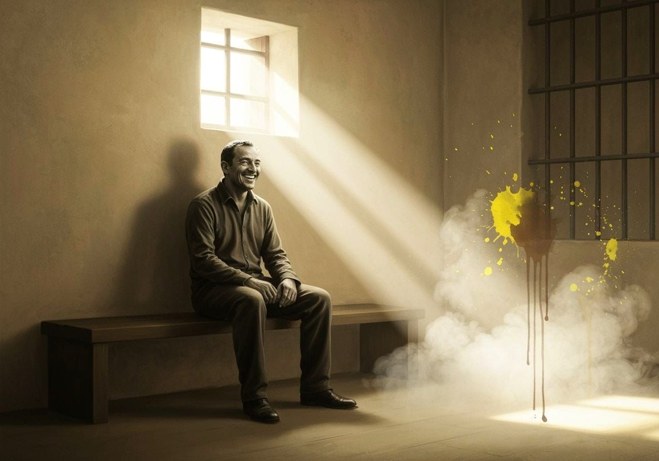 Smiling Brigand in Sunlit Cell: Ink Painting