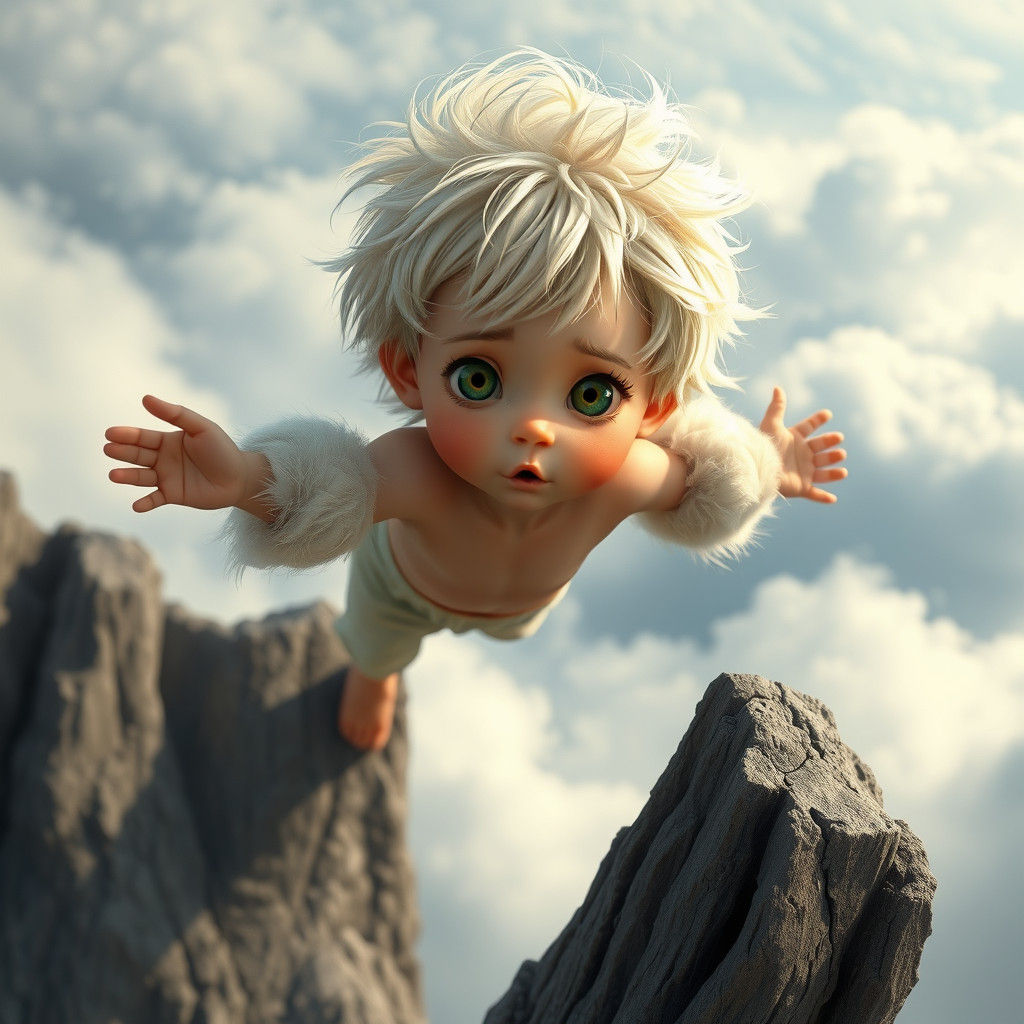 Boy with Feathers on Windswept Cliff, Matte Painting