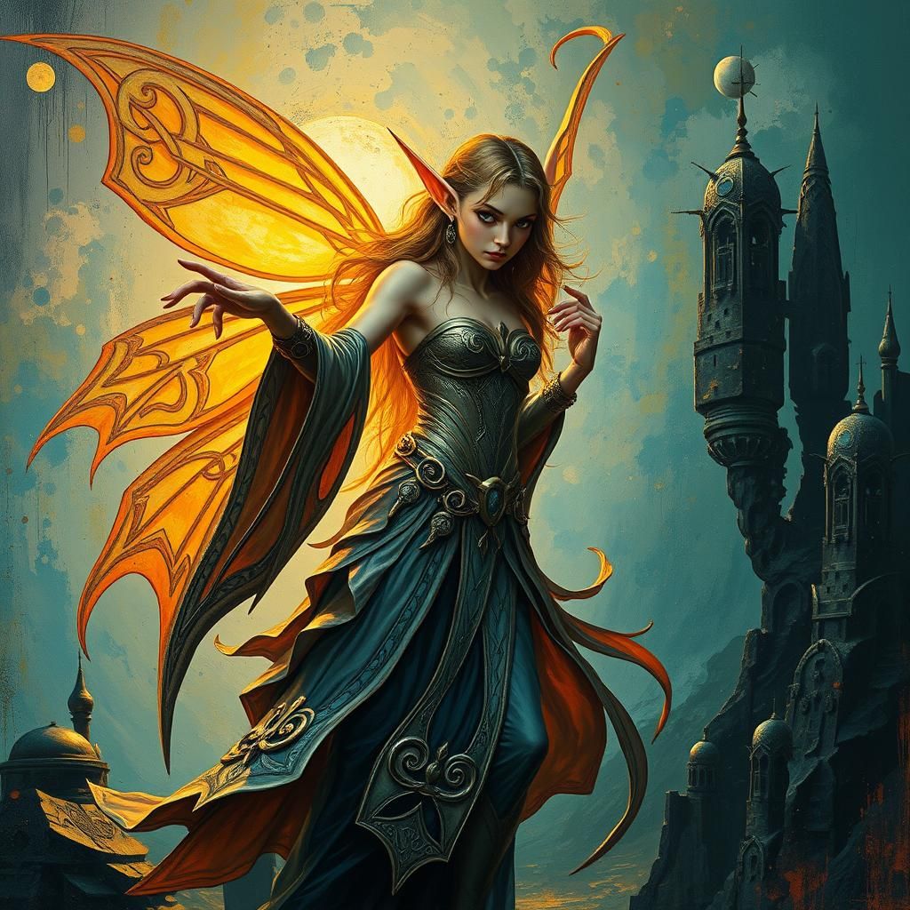 Golden Hour Queen Fairy Elf in Dystopian Landscape