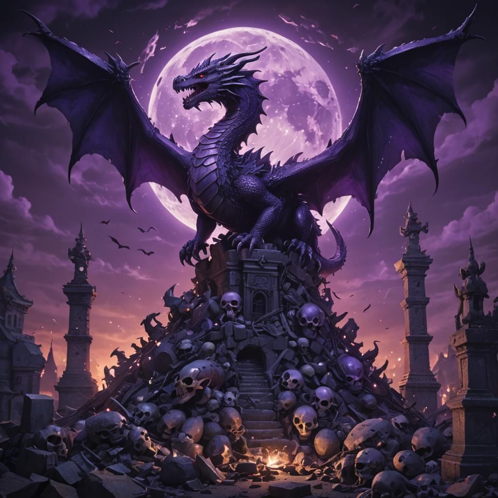 Dragon on Skull Pile in Anime Fantasy Style